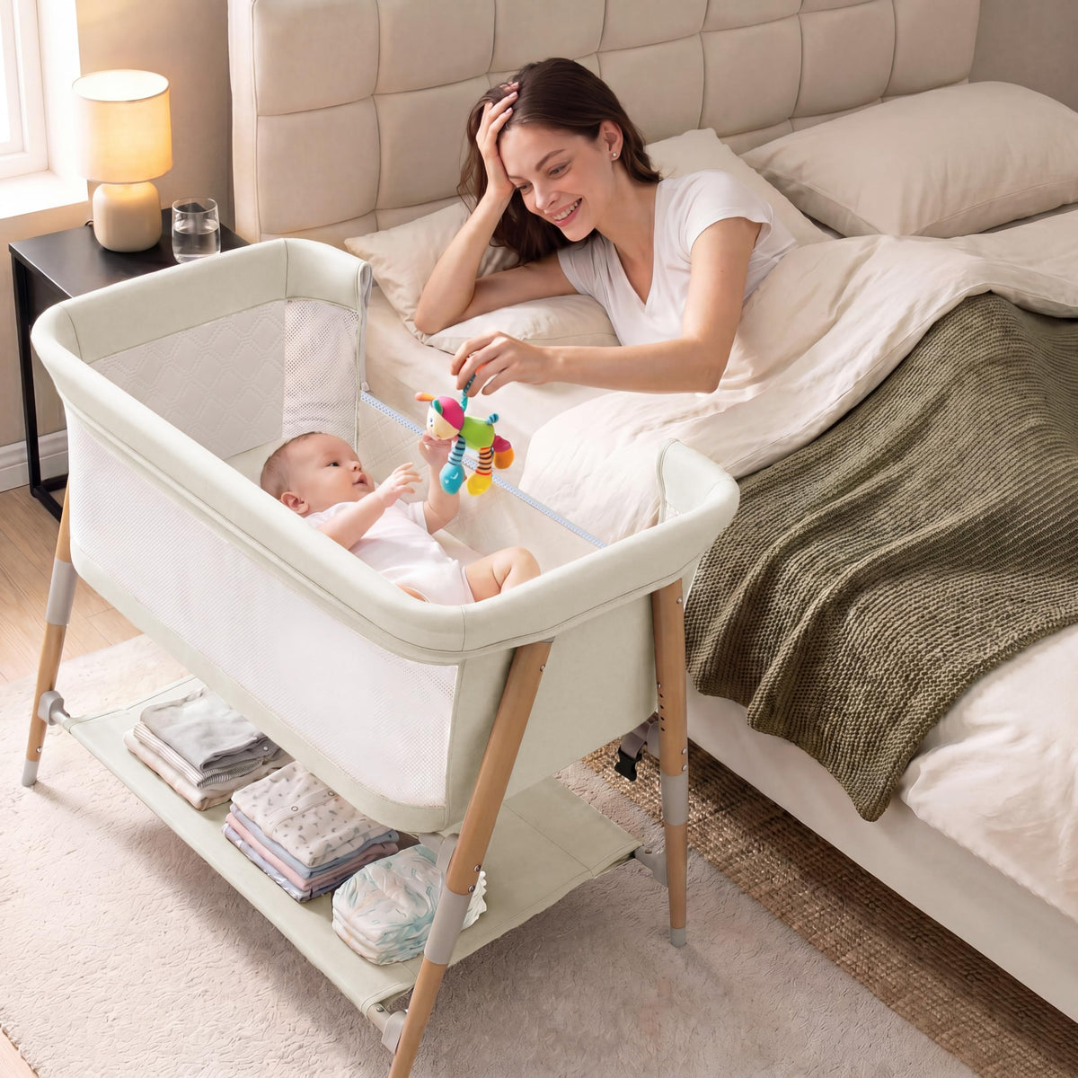 Baby Bassinet, 3 in 1 Bedside Bassinet Sleeper for Newborn, Portable Baby Crib with 4 Detachable Wheels & Adjustable Height, Breathable Mesh & Mattress, Mosquito Net& Storage Basket (Khaki)