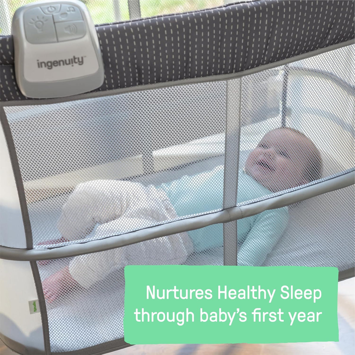 Ingenuity Dream & Grow Bedside Baby Bassinet with AirLoom Mattress, for Ages 0-12 Months, Adjustable Height - Handstitch (Grey)