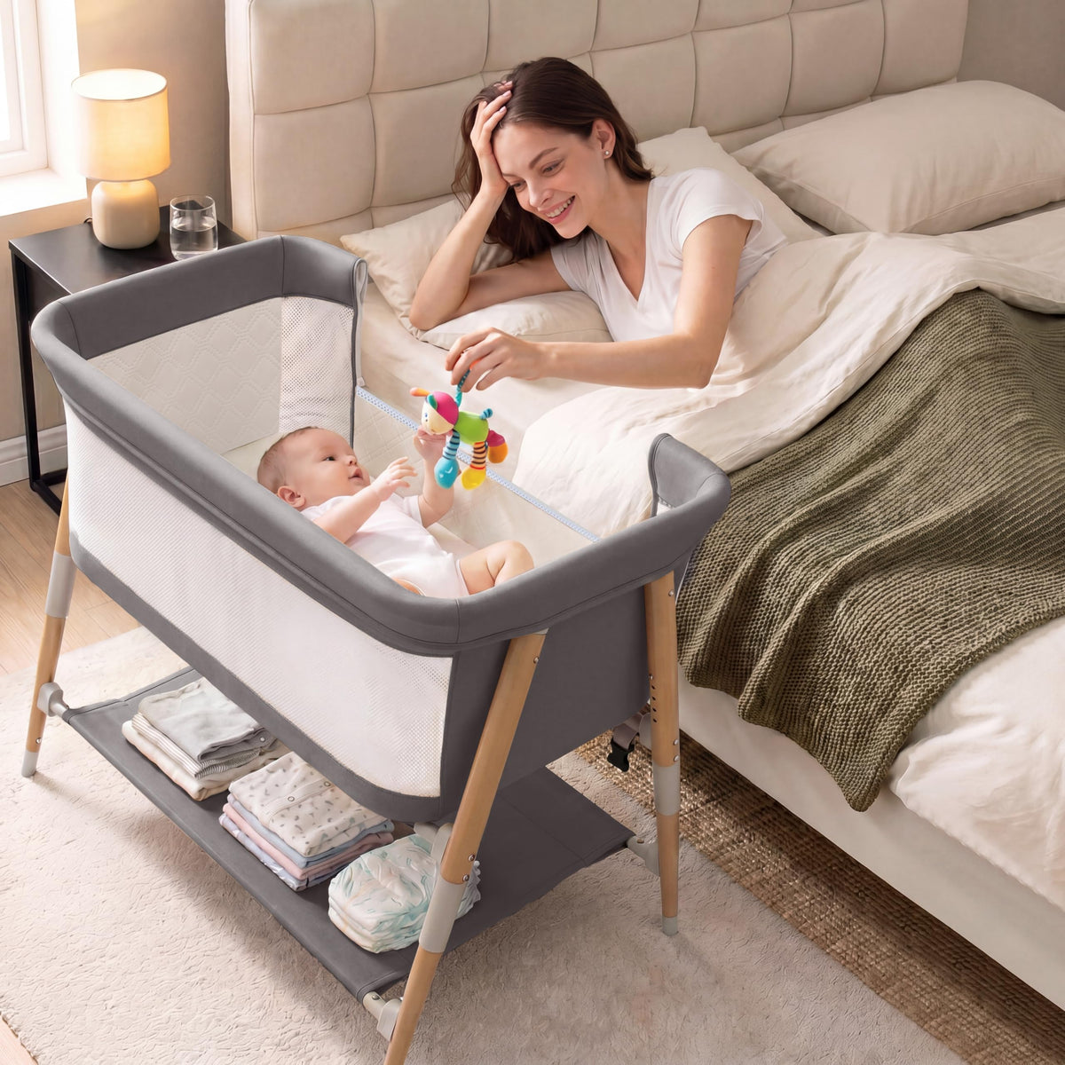 Baby Bassinet, 3 in 1 Bedside Bassinet Sleeper for Newborn, Portable Baby Crib with 4 Detachable Wheels & Adjustable Height, Breathable Mesh & Mattress, Mosquito Net& Storage Basket (Khaki)