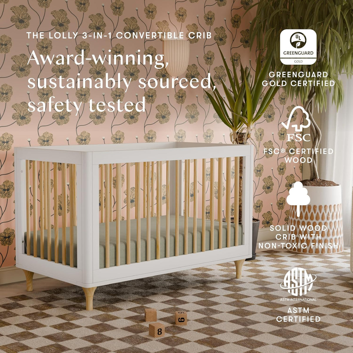 babyletto Lolly 3-in-1 Convertible Baby Crib, White and Natural