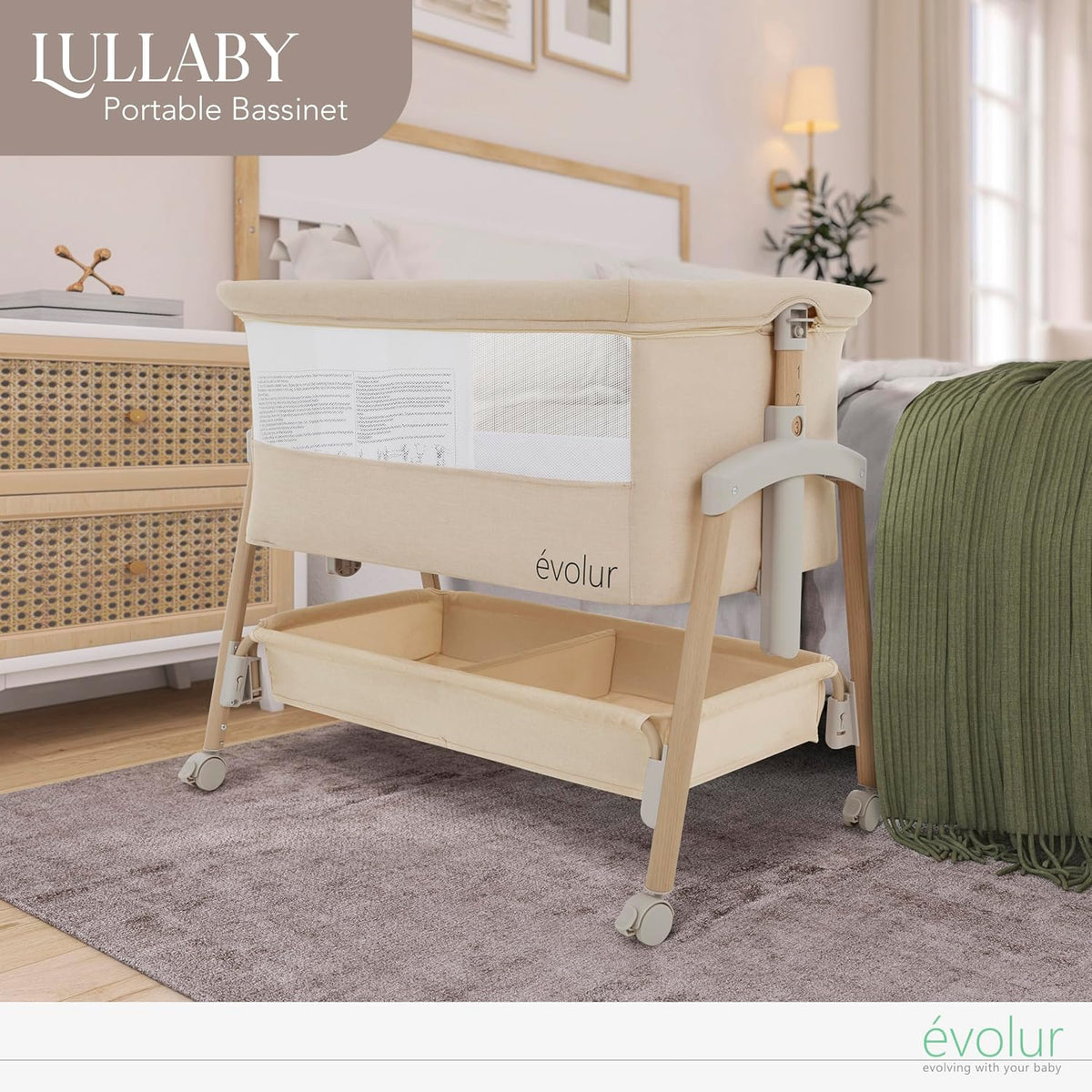 Evolur Lullaby Portable Bassinet with Wheels, Adjustable Bedside Sleeper, Breathable Mesh Sides, Large Storage Basket, Easy Fold, and Travel Bag Included, Perfect for Newborns & Infants - Biege