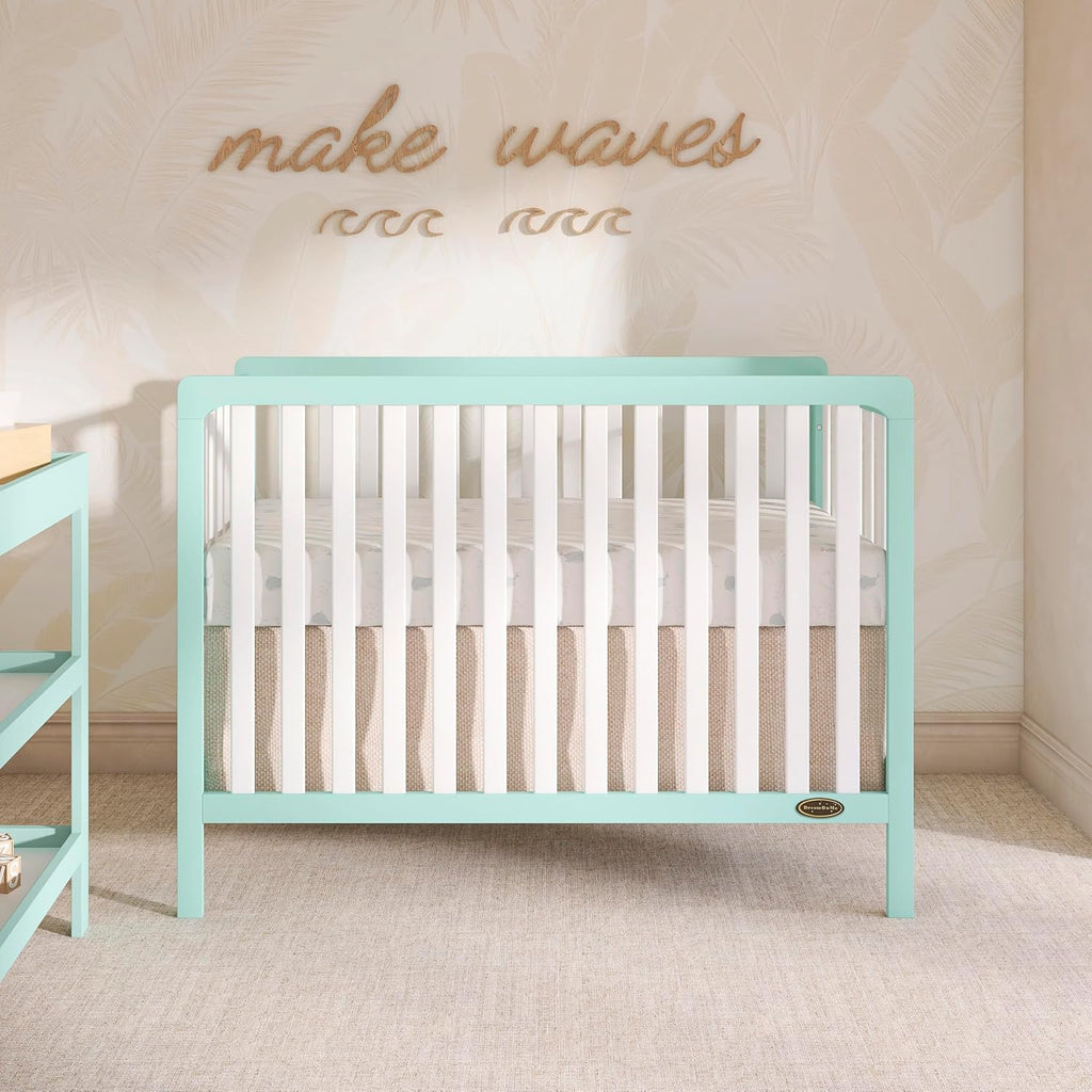 Dream On Me Ridgefield 5-in-1 Convertible Full-Size Baby Crib in Mint & White, GreenGuard Gold & JPMA, 4 Mattress Heights, Converts to Toddler, Day & Full-Size Bed, Solid Wood Design