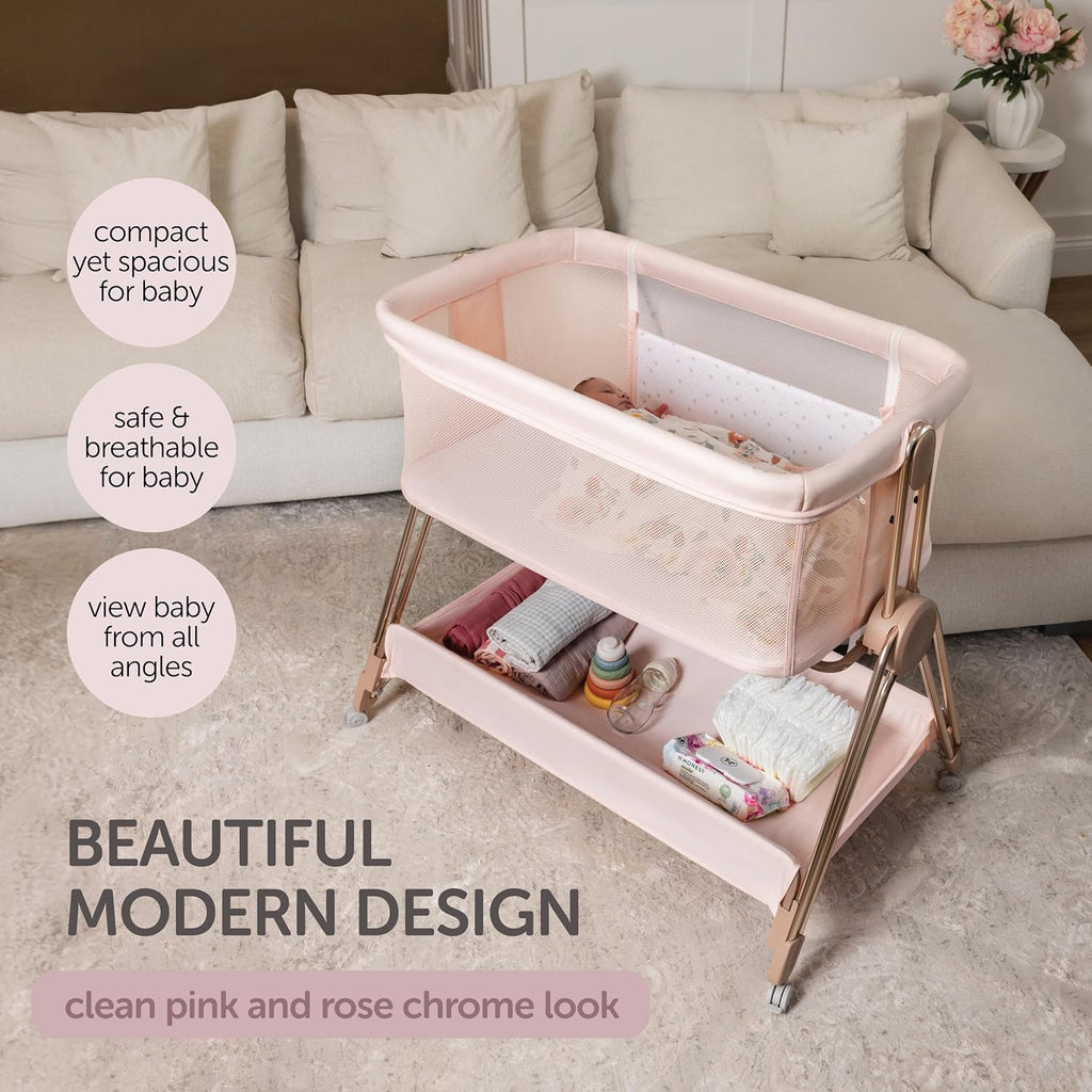 KOOLABABY Baby Bedside Sleeper - Bassinet & Bedside Crib with Height Adjustment & Wheels - Can Be Placed Next to Bed - Attaches to Parents Bed - Easy to Fold & Carry Bassinet for Girls (Pink)